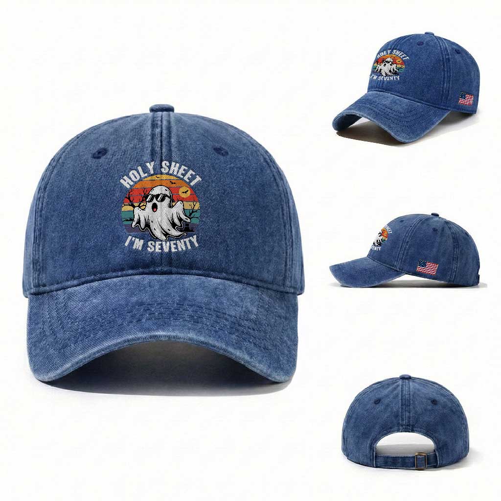 70th Birthday Halloween Ghost Washed Cotton Baseball Cap Holy Sheet I'm Seventy