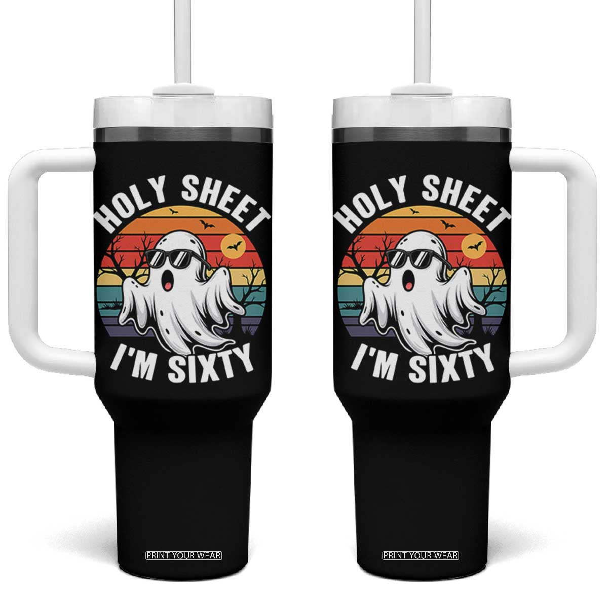 60th Birthday Halloween Ghost Tumbler With Handle Holy Sheet I'm Sixty TS14 One Size: 40 oz Black Print Your Wear
