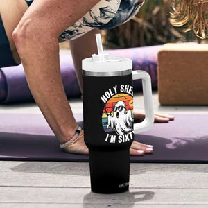 60th Birthday Halloween Ghost Tumbler With Handle Holy Sheet I'm Sixty