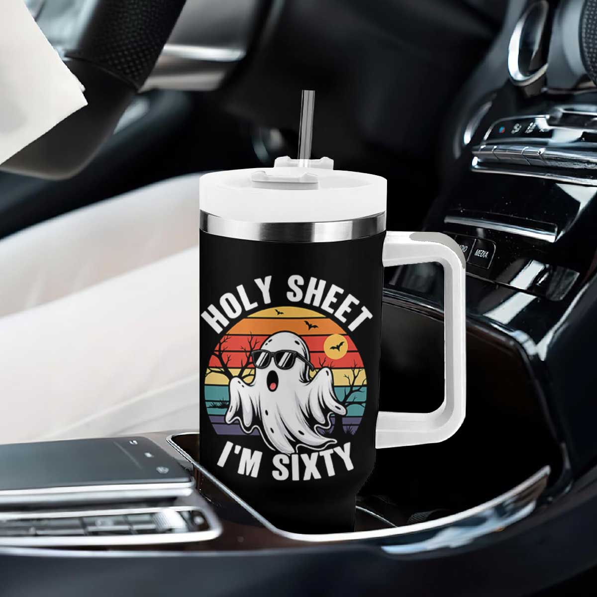 60th Birthday Halloween Ghost Tumbler With Handle Holy Sheet I'm Sixty