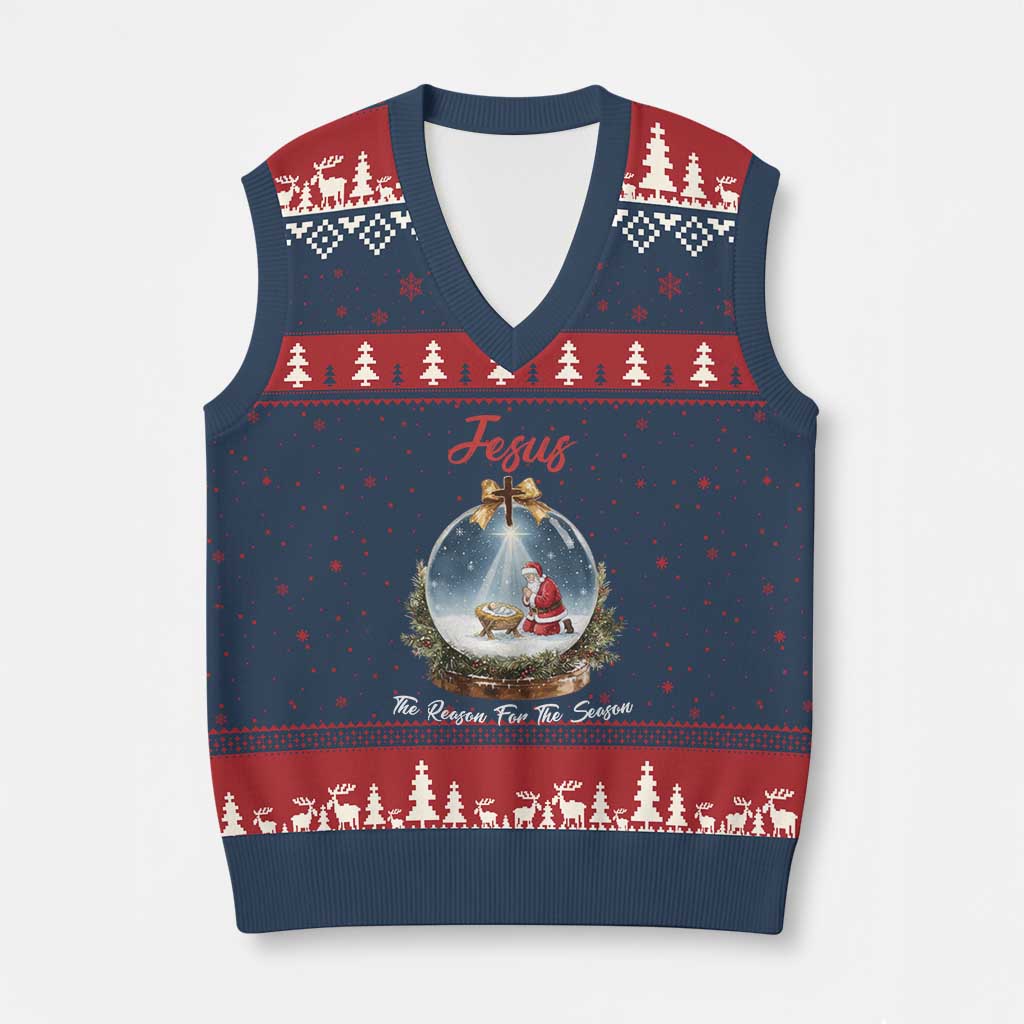 Jesus Santa Xmas V-Neck Knit Sweater Vest The Reason For The Season TS14 Navy Red Print Your Wear