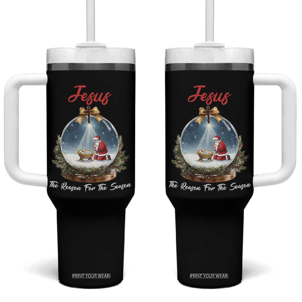 Jesus Santa Christmas Tumbler With Handle The Reason For The Season TS14 One Size: 40 oz Black Print Your Wear