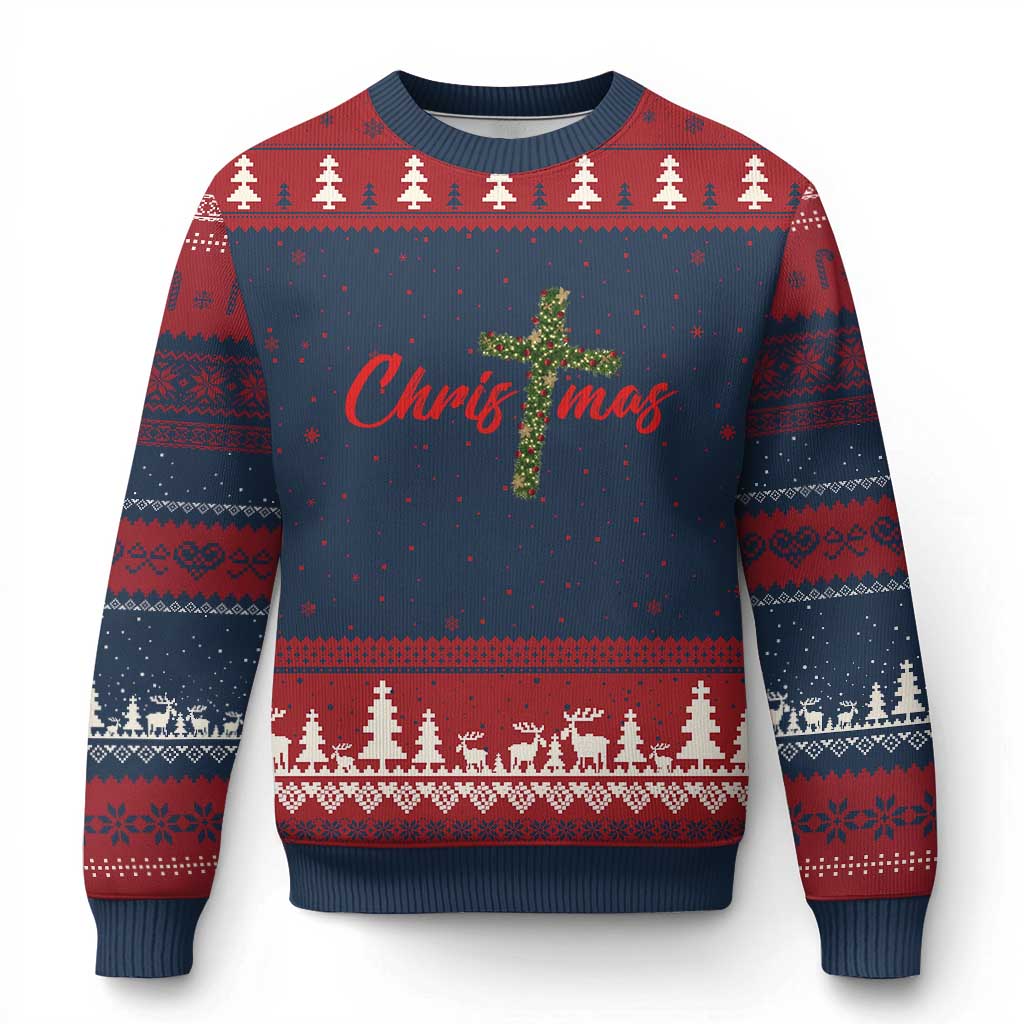 Christian Xmas Ugly Christmas Sweater Cross Lights Faith TS14 Navy Red Print Your Wear