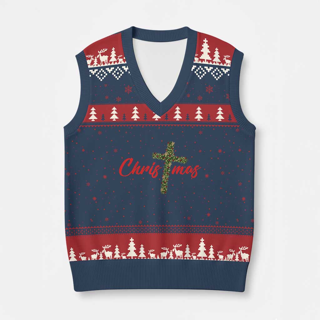 Christian Xmas V-Neck Knit Sweater Vest Cross Lights Faith TS14 Navy Red Print Your Wear