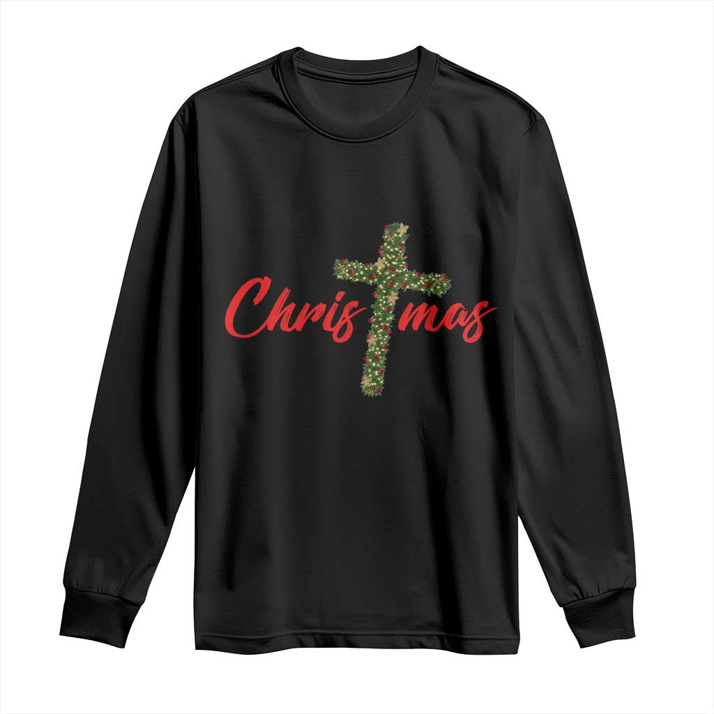 Christian Christmas Long Sleeve Shirt Cross Lights Faith - Print Your Wear