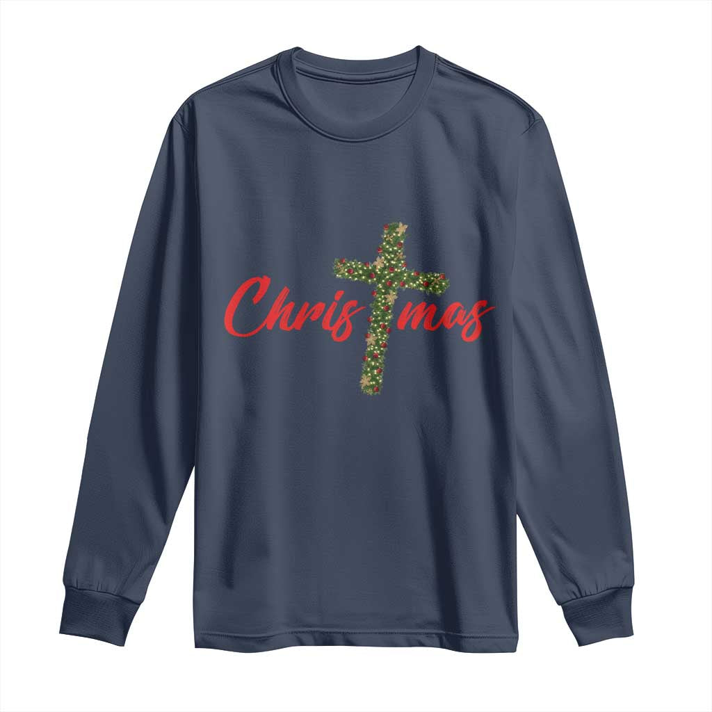 Christian Christmas Long Sleeve Shirt Cross Lights Faith TS14 Navy Print Your Wear
