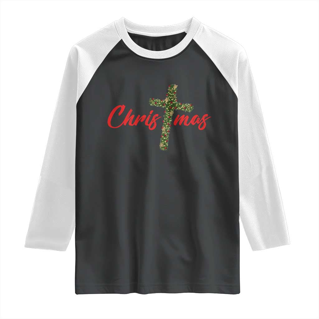 Christian Christmas Raglan Shirt Cross Lights Faith TS14 Black White Print Your Wear