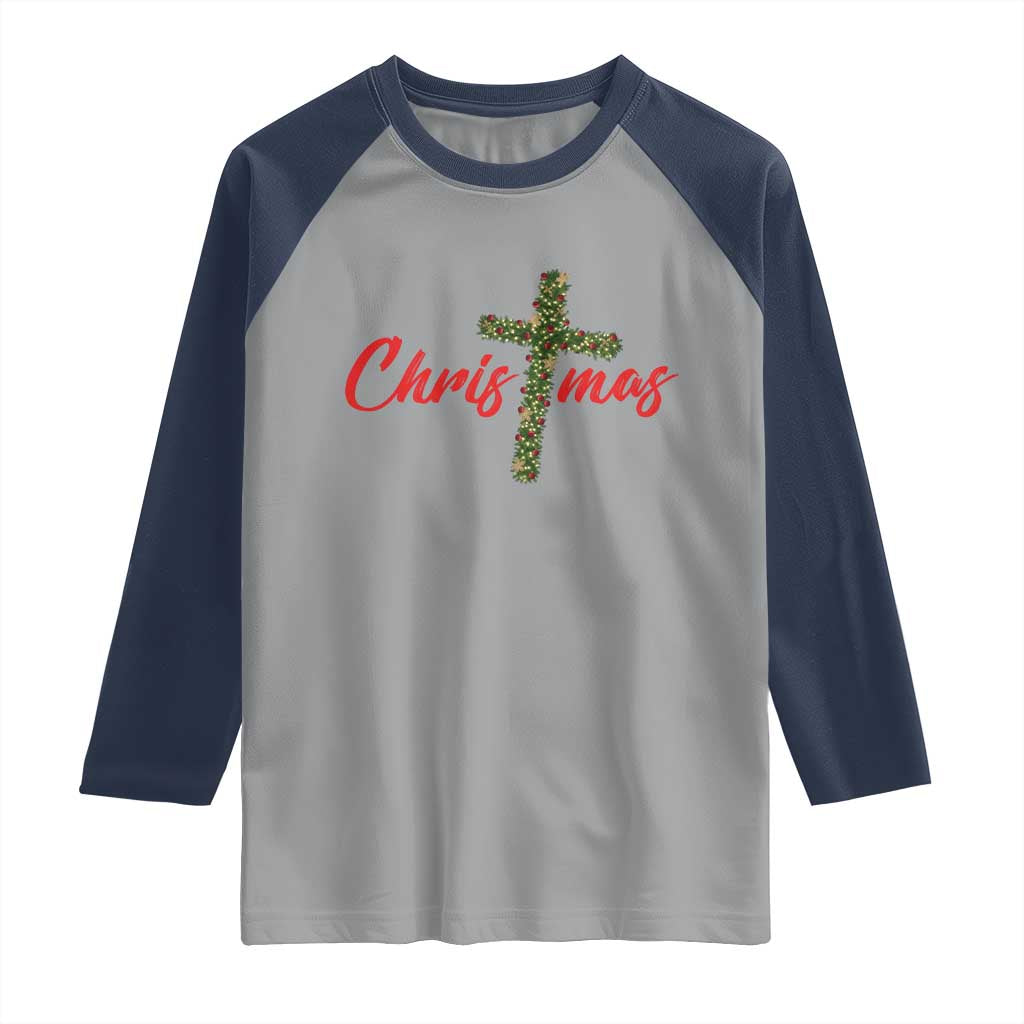 Christian Christmas Raglan Shirt Cross Lights Faith TS14 Sport Gray Navy Print Your Wear