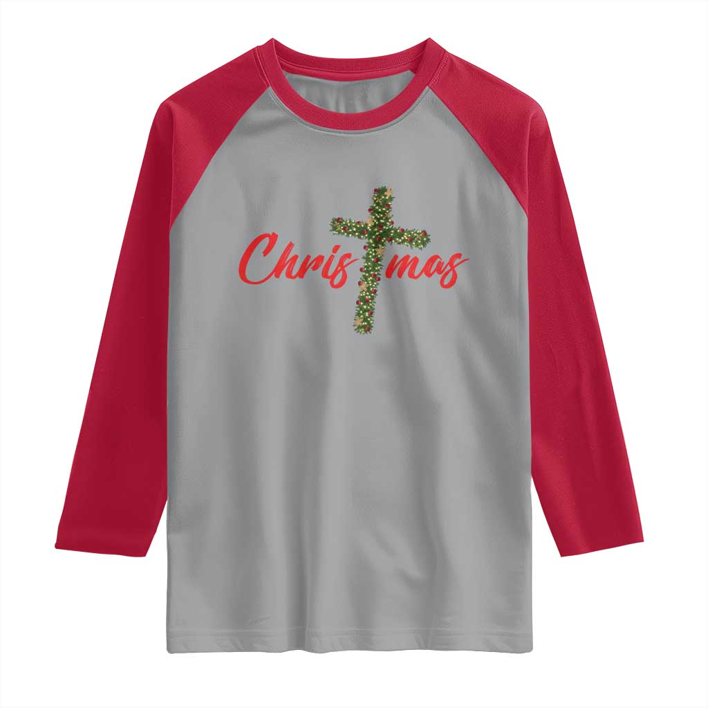 Christian Christmas Raglan Shirt Cross Lights Faith TS14 Sport Gray Red Print Your Wear