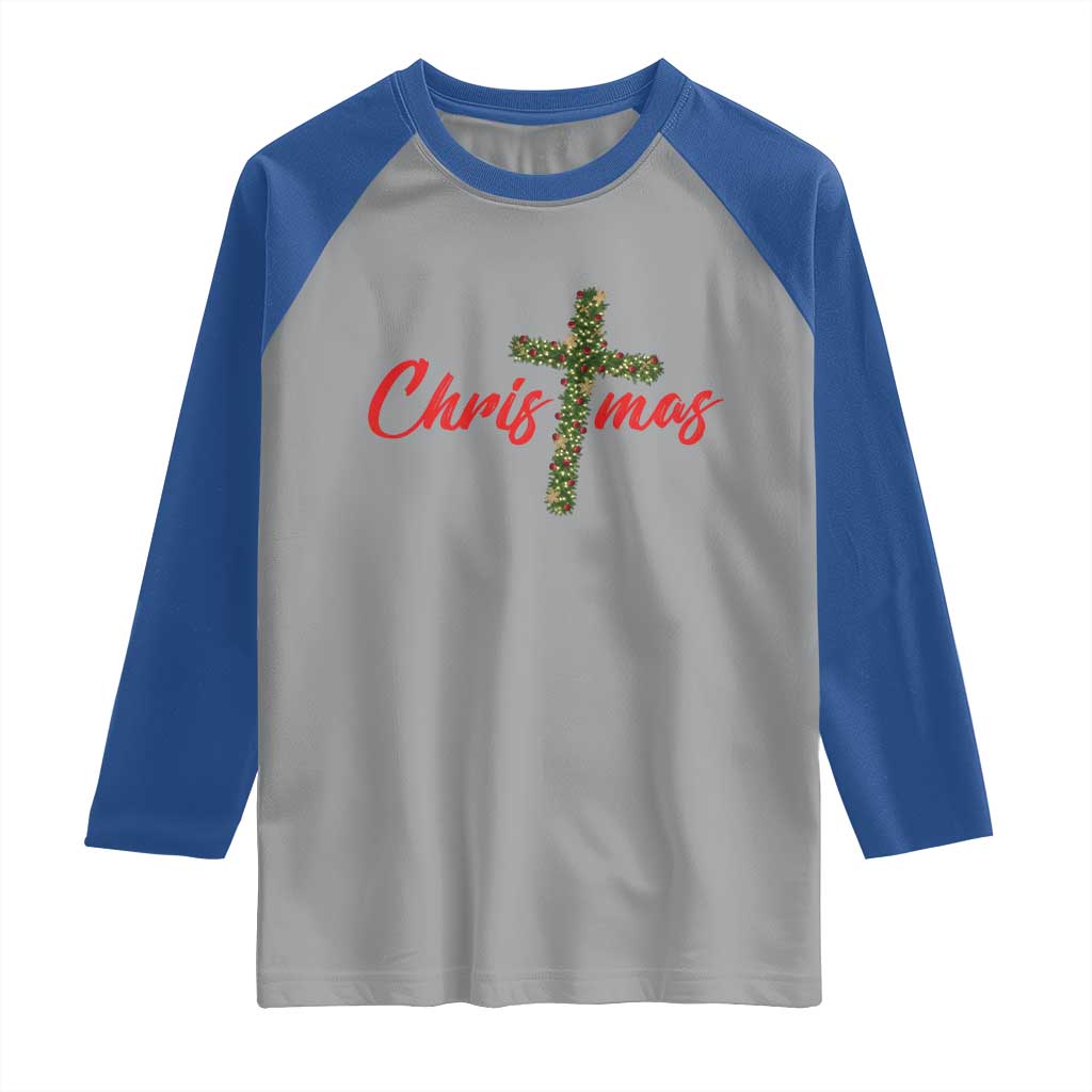 Christian Christmas Raglan Shirt Cross Lights Faith TS14 Sport Gray Royal Print Your Wear
