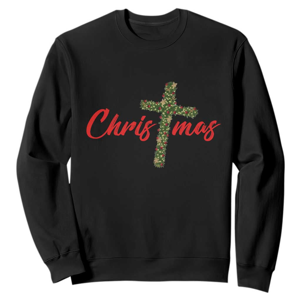 Christian Christmas Sweatshirt Cross Lights Faith - Print Your Wear