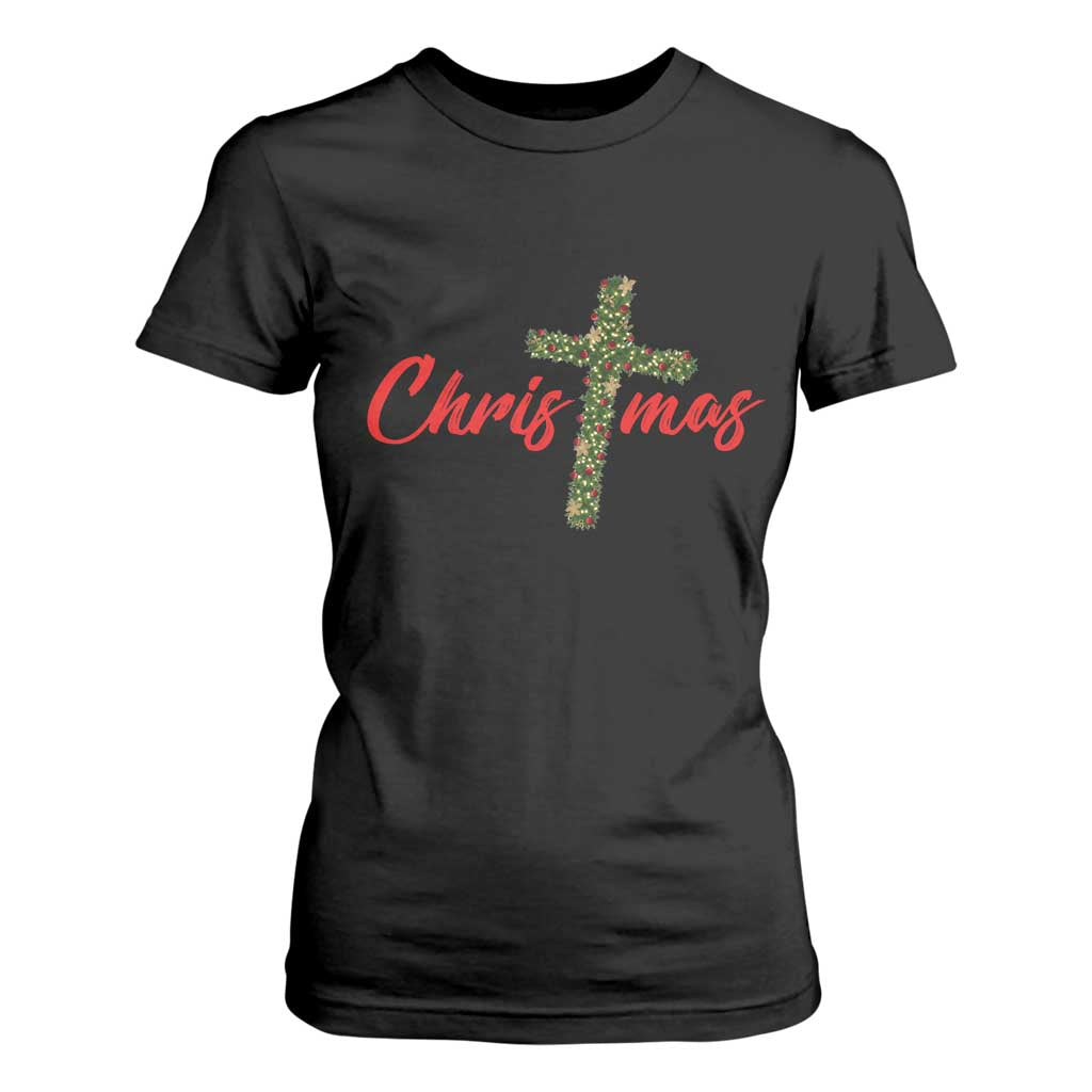 Christian Christmas T Shirt For Women Cross Lights Faith TS14 Black Print Your Wear