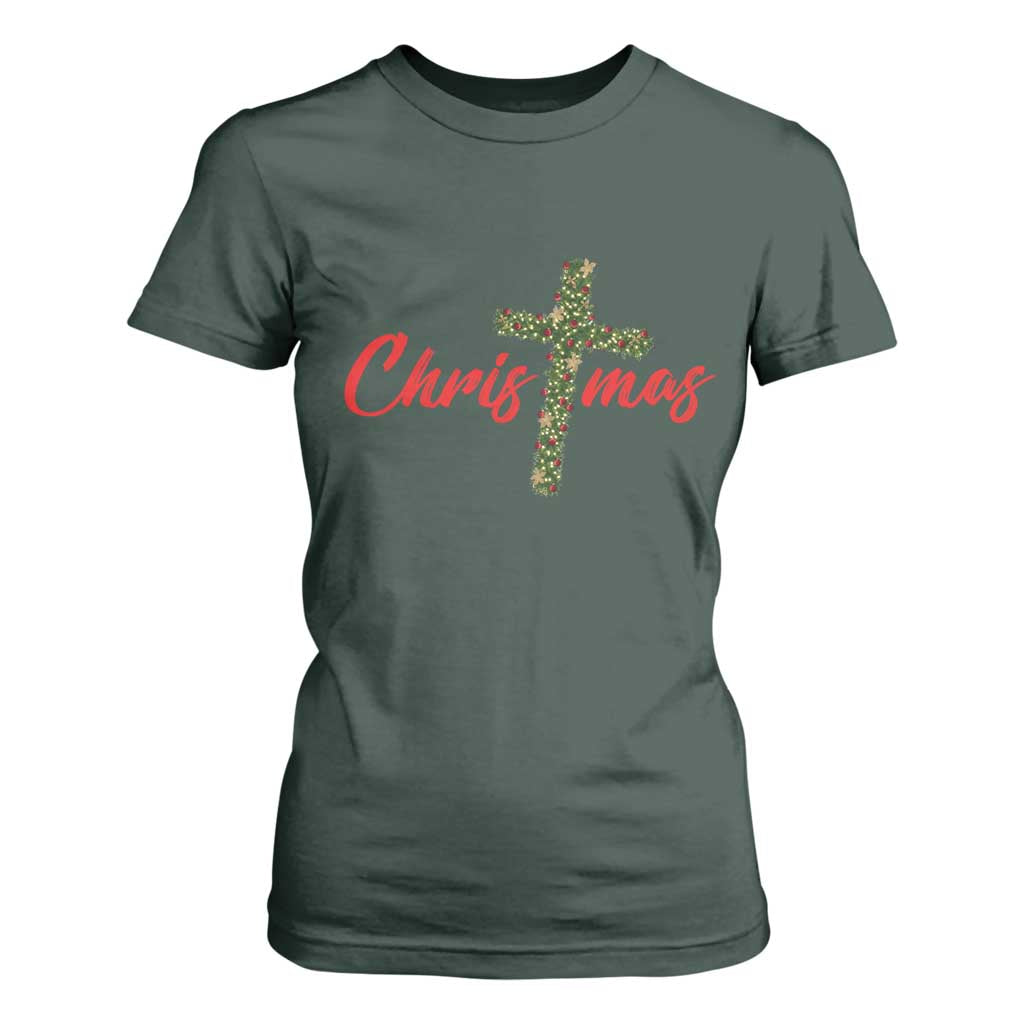 Christian Christmas T Shirt For Women Cross Lights Faith TS14 Dark Forest Green Print Your Wear