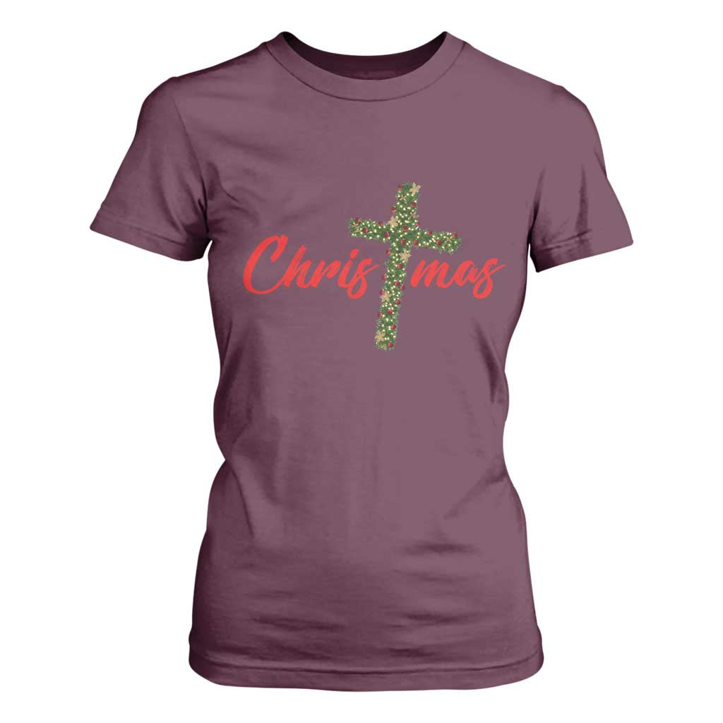 Christian Christmas T Shirt For Women Cross Lights Faith TS14 Maroon Print Your Wear