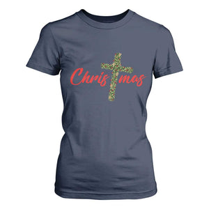 Christian Christmas T Shirt For Women Cross Lights Faith TS14 Navy Print Your Wear