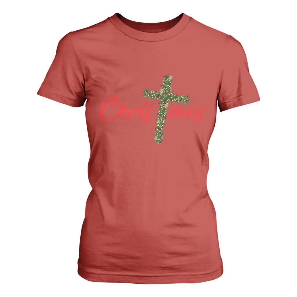 Christian Christmas T Shirt For Women Cross Lights Faith TS14 Red Print Your Wear