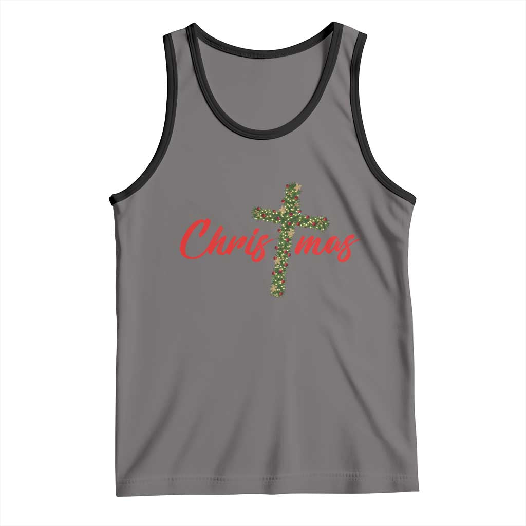 Christian Christmas Tank Top Cross Lights Faith TS14 Deep Heather Black Print Your Wear