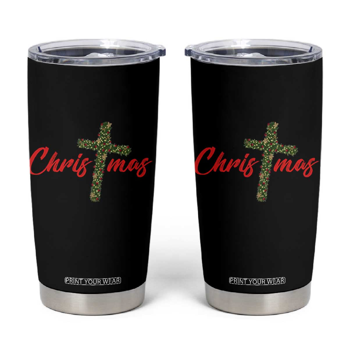 Christian Christmas Tumbler Cup Cross Lights Faith - Print Your Wear