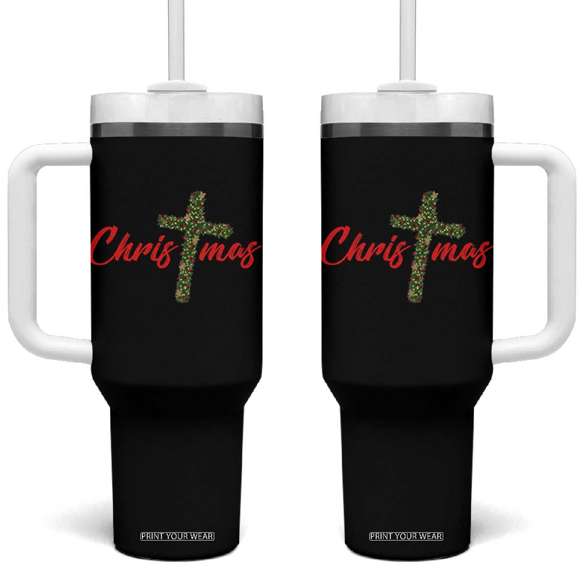 Christian Christmas Tumbler With Handle Cross Lights Faith TS14 One Size: 40 oz Black Print Your Wear