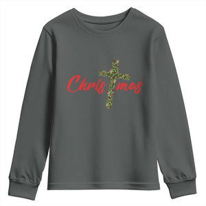Christian Christmas Youth Sweatshirt Cross Lights Faith TS14 Dark Heather Print Your Wear