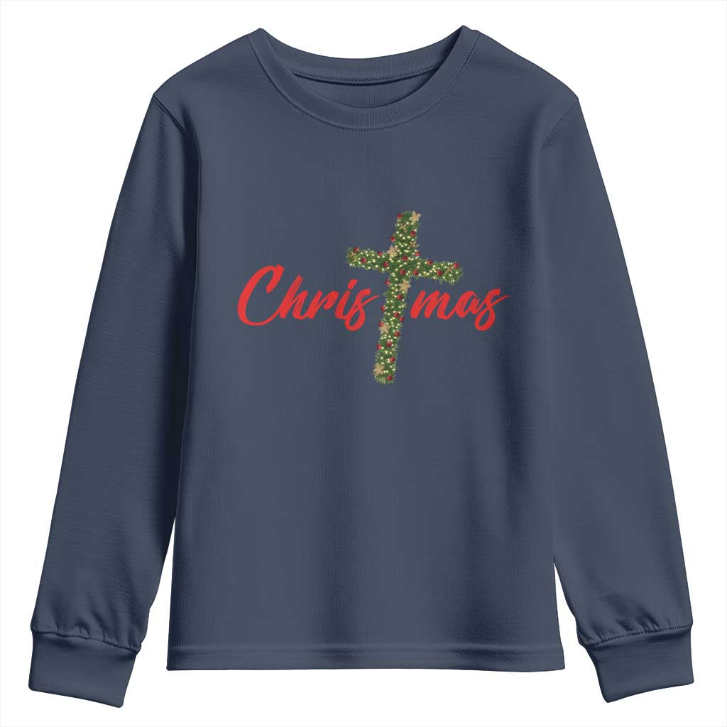 Christian Christmas Youth Sweatshirt Cross Lights Faith TS14 Navy Print Your Wear