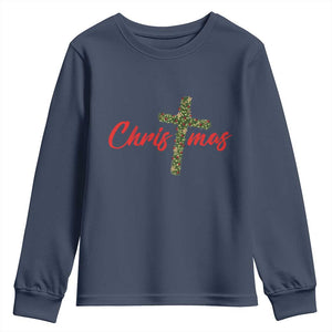 Christian Christmas Youth Sweatshirt Cross Lights Faith TS14 Navy Print Your Wear