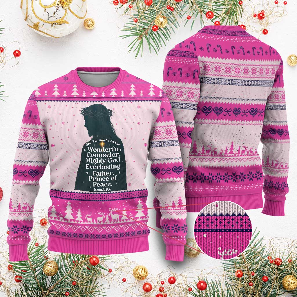 Christian Jesus Ugly Christmas Sweater Cross Bible Verse Inspirational Isalah 9:6 TS14 Hot Pink Print Your Wear