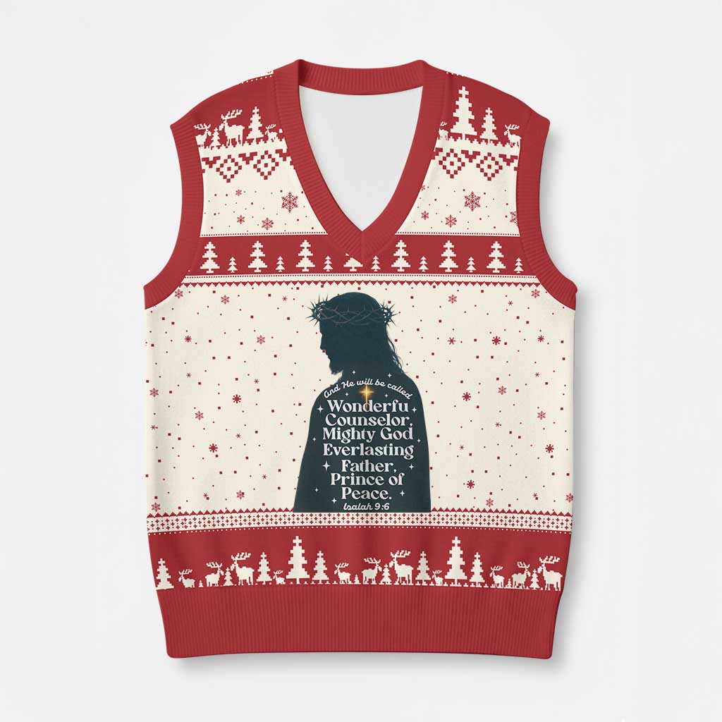 Christian Jesus V-Neck Knit Sweater Vest Cross Bible Verse Inspirational Isalah 9:6 TS14 Beige Red Print Your Wear