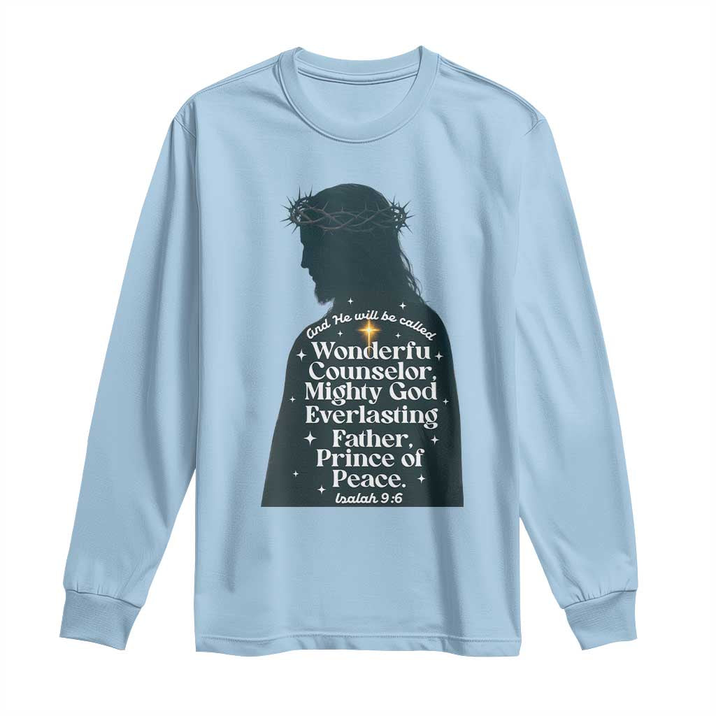 Christian Jesus Long Sleeve Shirt Cross Bible Verse Inspirational Isalah 9:6 TS14 Light Blue Print Your Wear