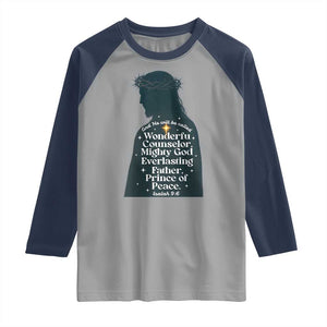 Christian Jesus Raglan Shirt Cross Bible Verse Inspirational Isalah 9:6 TS14 Sport Gray Navy Print Your Wear