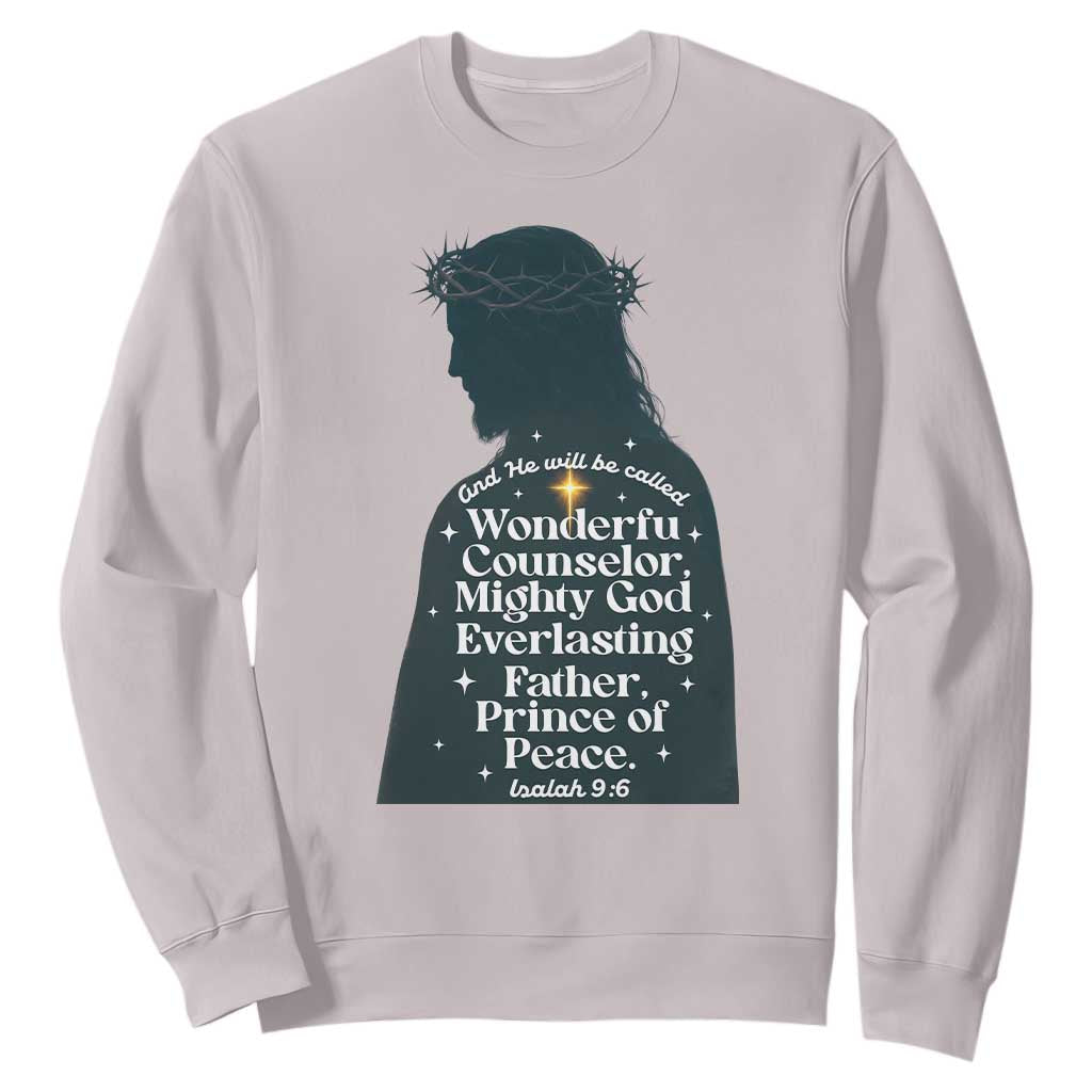 Christian Jesus Sweatshirt Cross Bible Verse Inspirational Isalah 9:6 TS14 Ice Gray Print Your Wear