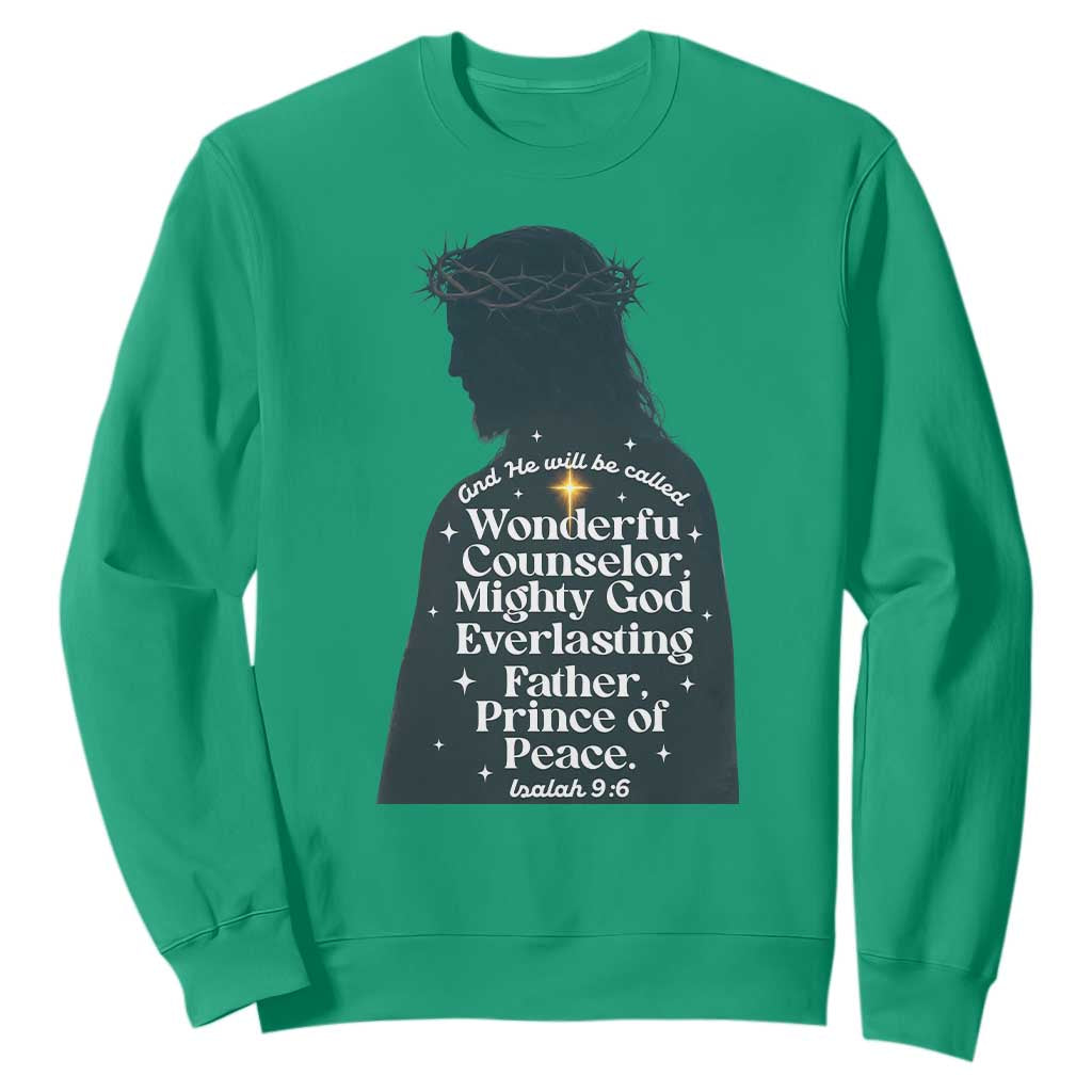 Christian Jesus Sweatshirt Cross Bible Verse Inspirational Isalah 9:6 TS14 Irish Green Print Your Wear
