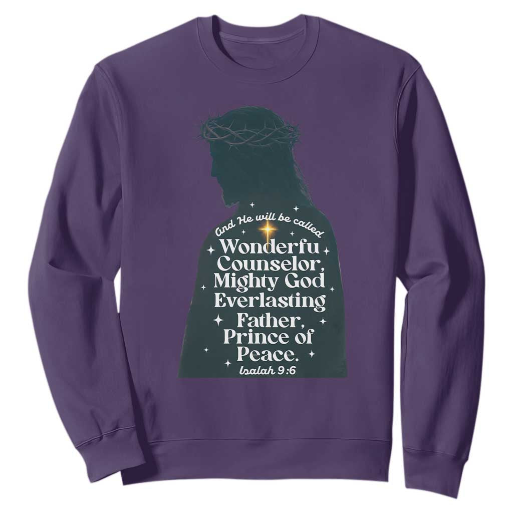 Christian Jesus Sweatshirt Cross Bible Verse Inspirational Isalah 9:6 TS14 Purple Print Your Wear