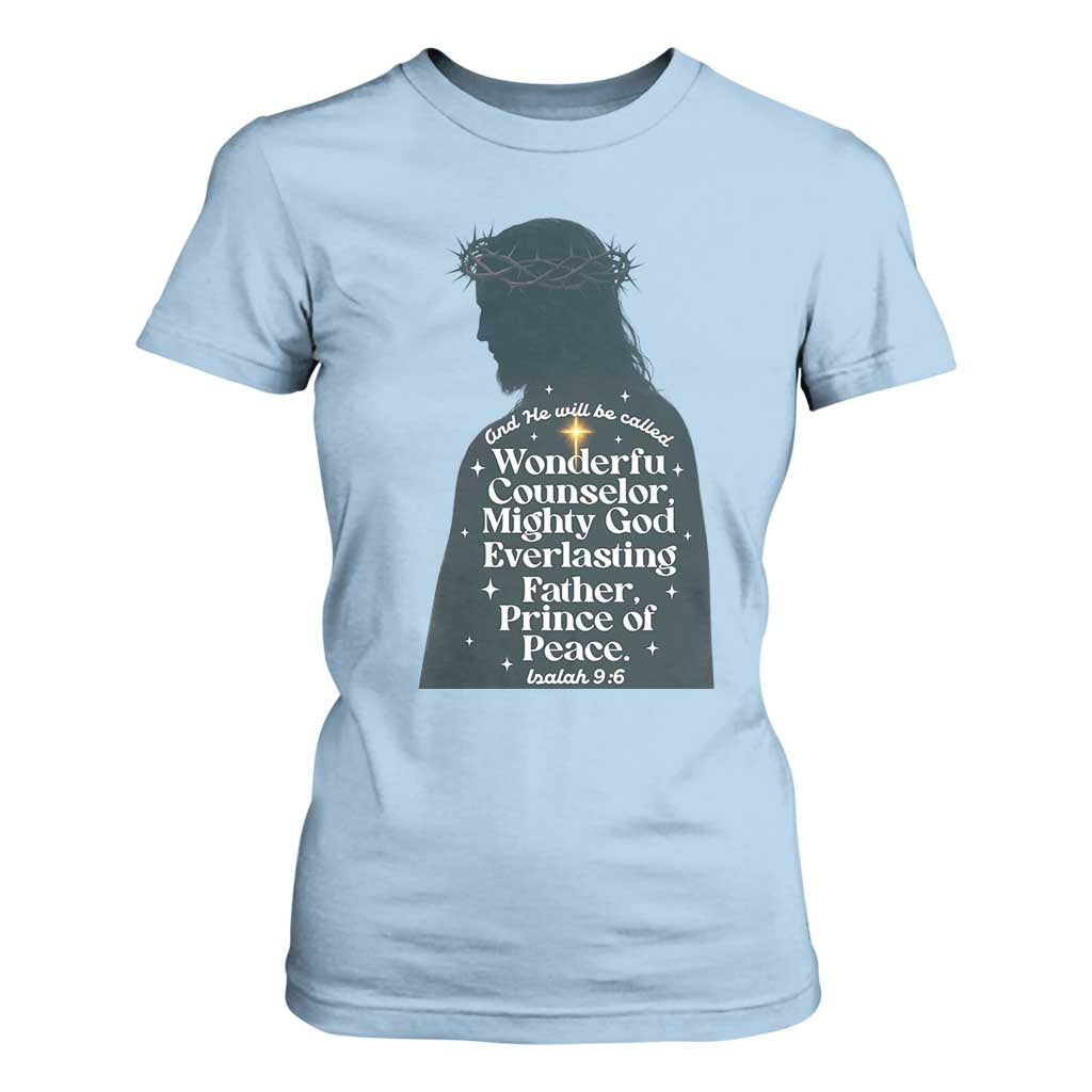 Christian Jesus T Shirt For Women Cross Bible Verse Inspirational Isalah 9:6 TS14 Light Blue Print Your Wear