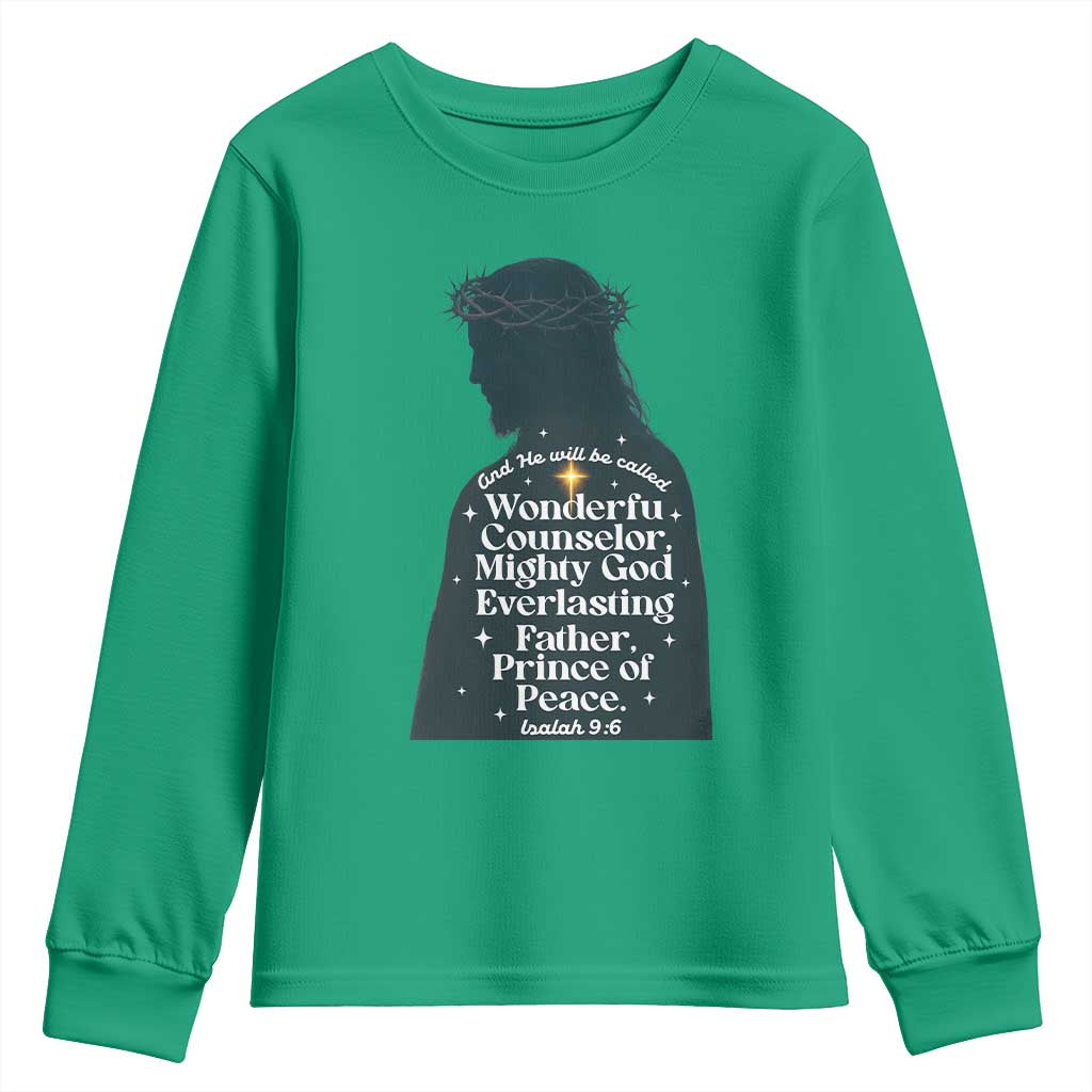Christian Jesus Youth Sweatshirt Cross Bible Verse Inspirational Isalah 9:6 TS14 Irish Green Print Your Wear