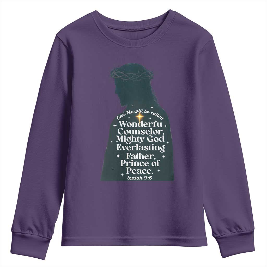 Christian Jesus Youth Sweatshirt Cross Bible Verse Inspirational Isalah 9:6 TS14 Purple Print Your Wear