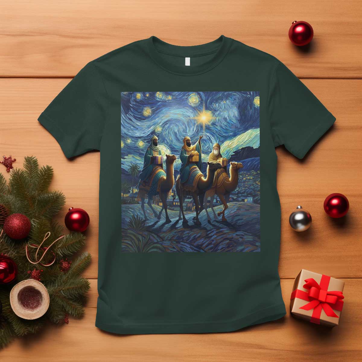 Three Kings T Shirt Nativity Scene Starry Night Christian Christmas TS14 Dark Forest Green Print Your Wear