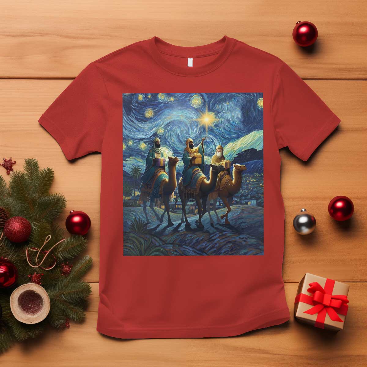 Three Kings T Shirt Nativity Scene Starry Night Christian Christmas TS14 Red Print Your Wear