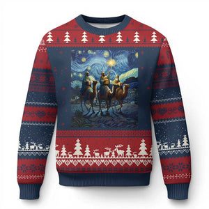 Three Kings Ugly Christmas Sweater Nativity Scene Starry Night Christian Xmas TS14 Navy Red Print Your Wear