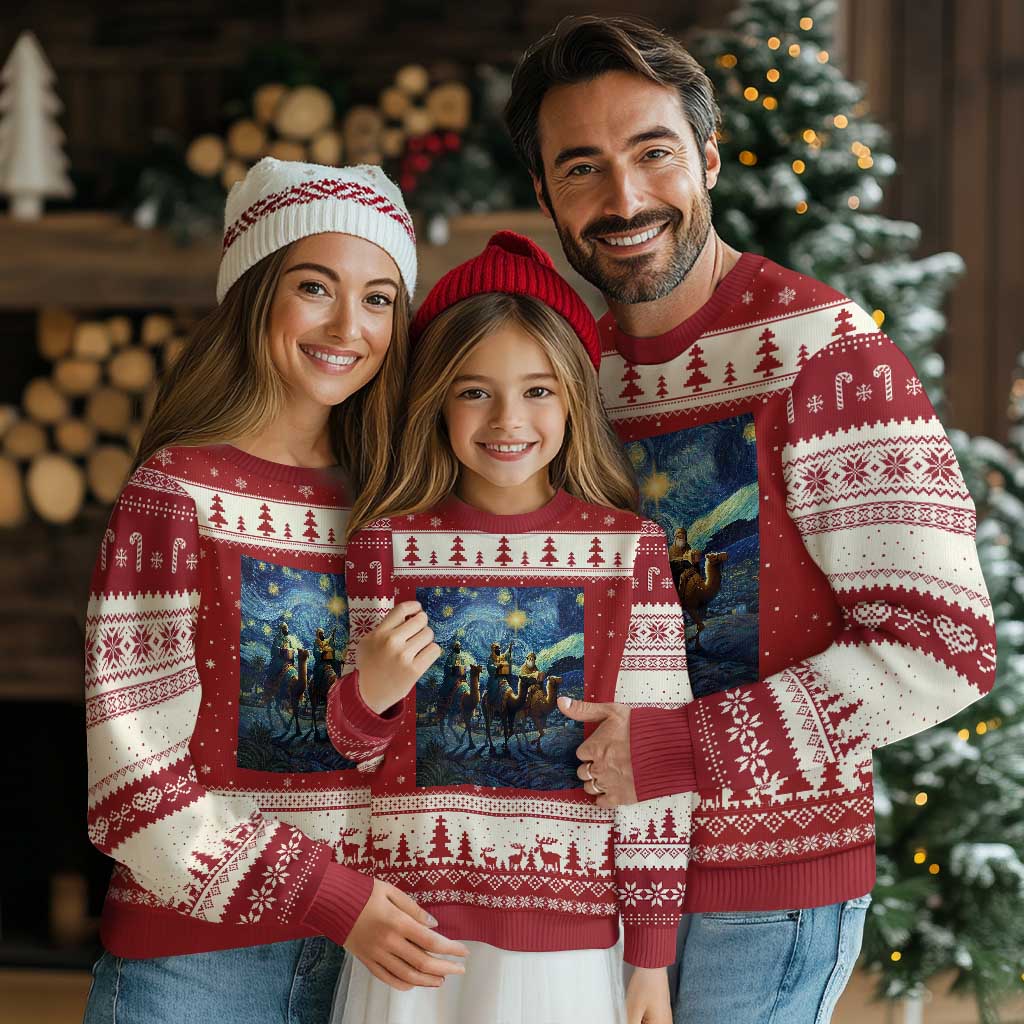 Three Kings Ugly Christmas Sweater Nativity Scene Starry Night Christian Xmas TS14 Red Beige Print Your Wear