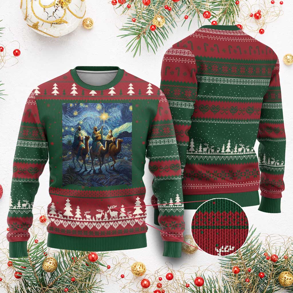 Three Kings Ugly Christmas Sweater Nativity Scene Starry Night Christian Xmas TS14 Red Green Print Your Wear