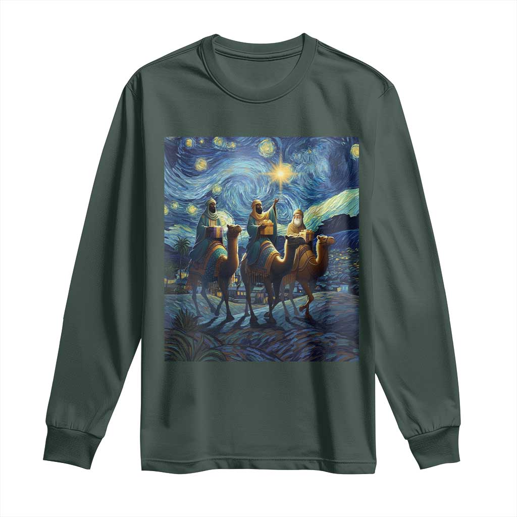 Three Kings Long Sleeve Shirt Nativity Scene Starry Night Christian Christmas TS14 Dark Forest Green Print Your Wear