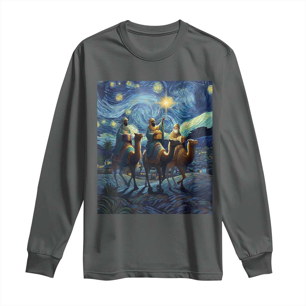 Three Kings Long Sleeve Shirt Nativity Scene Starry Night Christian Christmas TS14 Dark Heather Print Your Wear