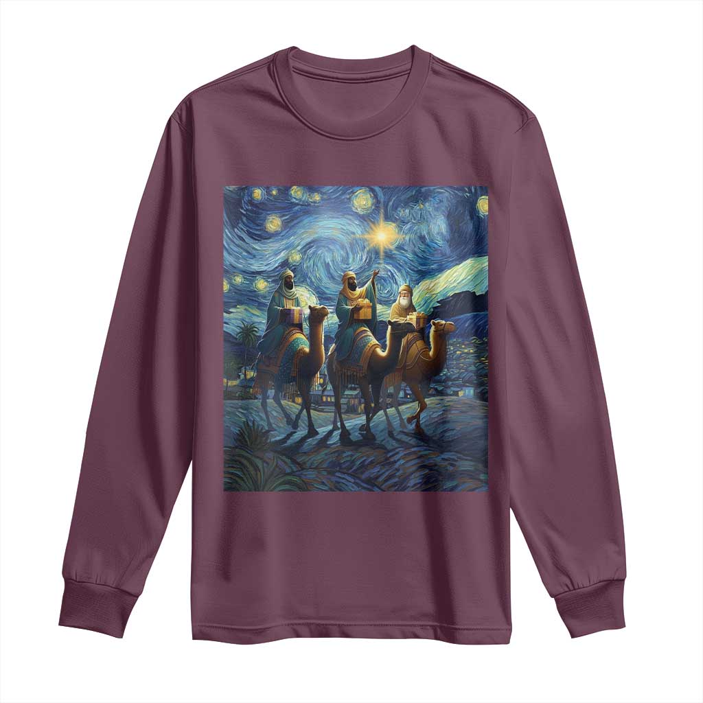 Three Kings Long Sleeve Shirt Nativity Scene Starry Night Christian Christmas TS14 Maroon Print Your Wear