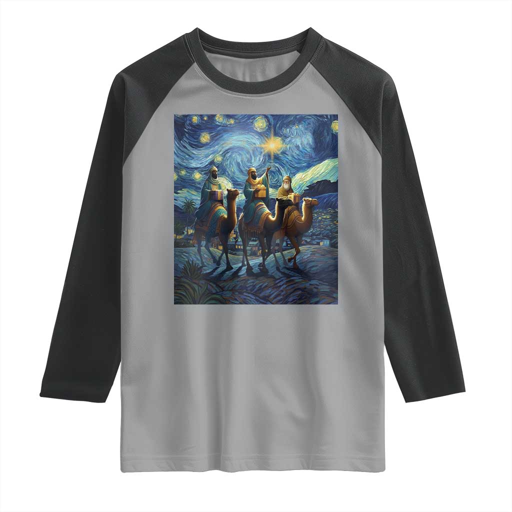 Three Kings Raglan Shirt Nativity Scene Starry Night Christian Christmas TS14 Sport Gray Black Print Your Wear