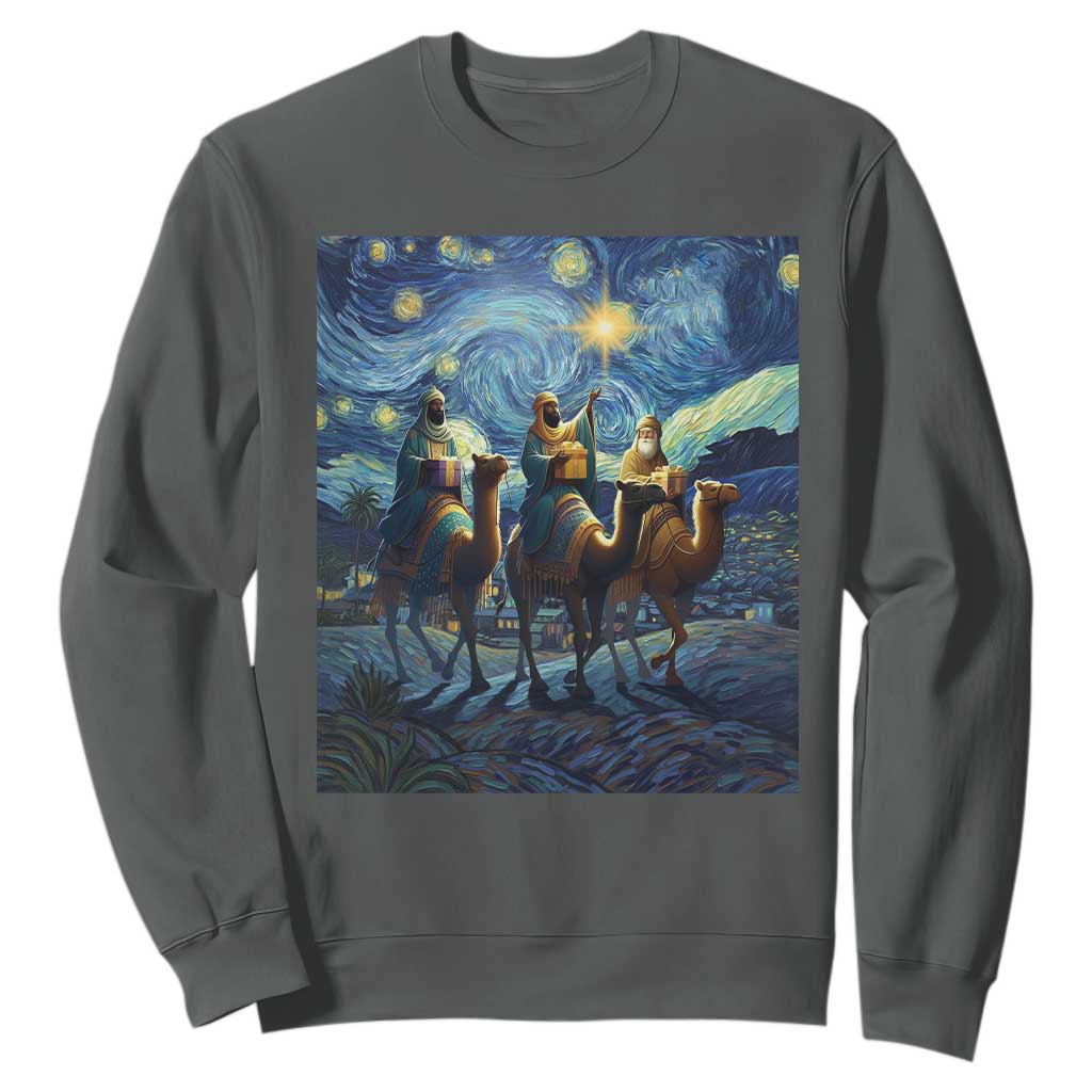 Three Kings Sweatshirt Nativity Scene Starry Night Christian Christmas TS14 Dark Heather Print Your Wear