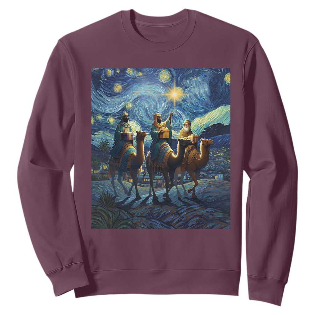 Three Kings Sweatshirt Nativity Scene Starry Night Christian Christmas TS14 Maroon Print Your Wear