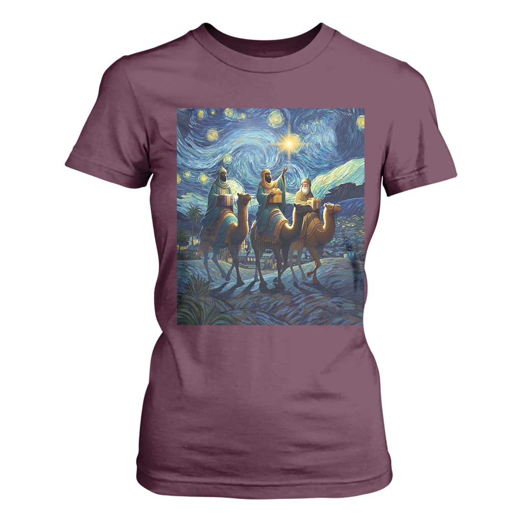 Three Kings T Shirt For Women Nativity Scene Starry Night Christian Christmas TS14 Maroon Print Your Wear