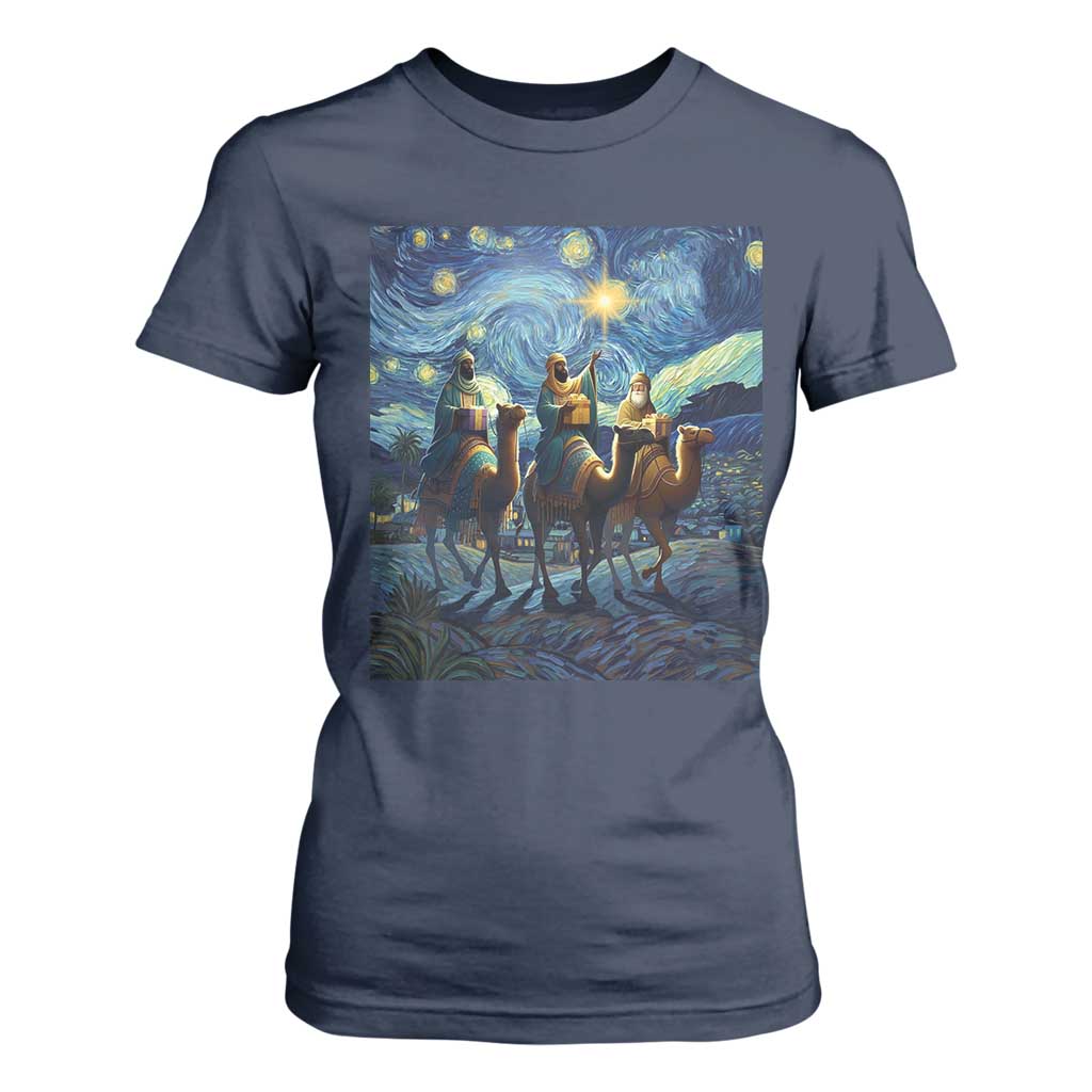 Three Kings T Shirt For Women Nativity Scene Starry Night Christian Christmas TS14 Navy Print Your Wear