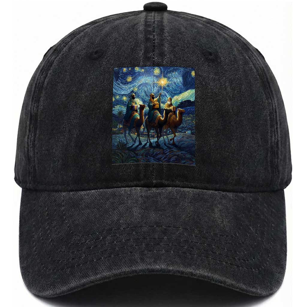 Three Kings Washed Cotton Baseball Cap Nativity Scene Starry Night Christian Christmas TS14 Washed Cap Universal Fit Black Print Your Wear